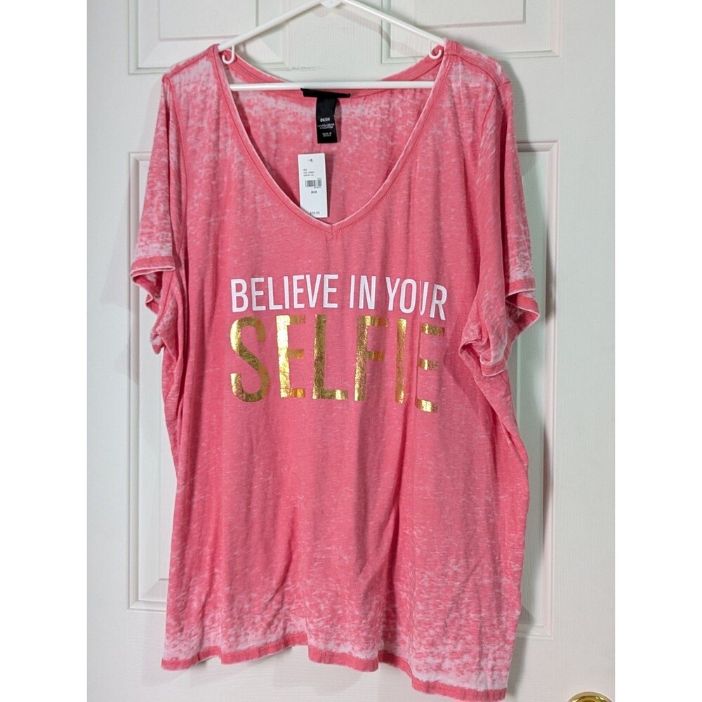 NWT Lane Bryant BELIEVE IN YOUR SELFIE V-Neck T-Shirt Womens 26 28 Pink Muslin